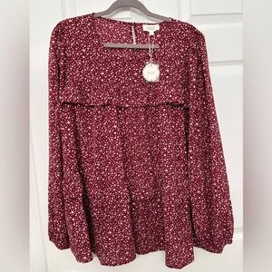 ODDY Burgundy Floral Ruffle Blouse 1X